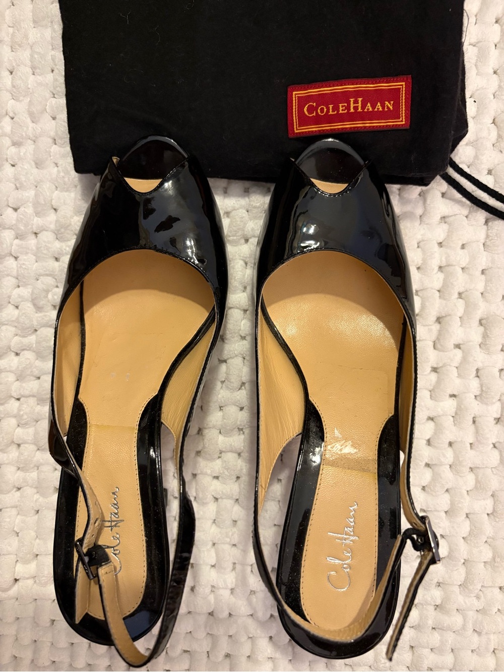Cole Haan Black Patent Leather Peep-Toe Slingbacks